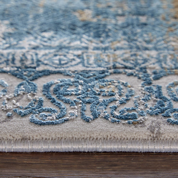 HomeRoots 3' Blue Gold and Gray Abstract Power Loom Area Rug with Fringed Edges for Modern Home Decor 7' X 10' 566024