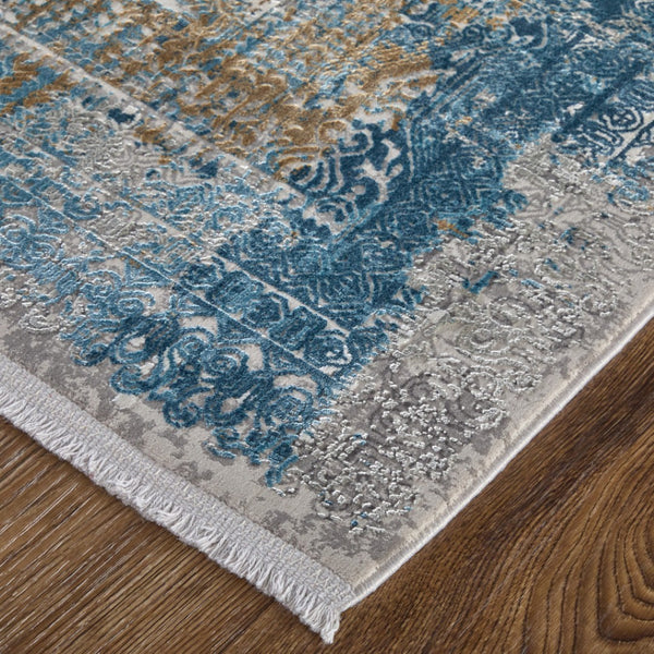 HomeRoots 3' Blue Gold and Gray Abstract Power Loom Area Rug with Fringed Edges for Modern Home Decor 7' X 10' 566024