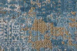 HomeRoots 3' Blue Gold and Gray Abstract Power Loom Area Rug with Fringed Edges for Modern Home Decor 7' X 10' 566024