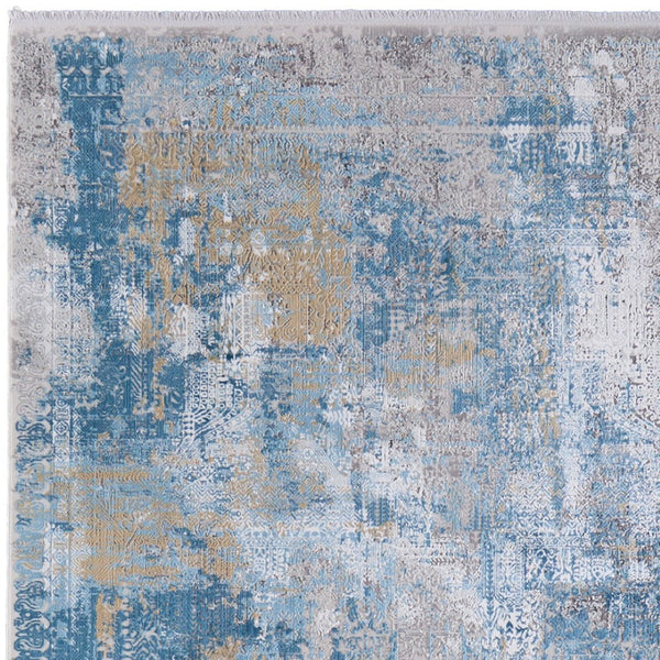 HomeRoots 3' Blue Gold and Gray Abstract Power Loom Area Rug with Fringed Edges for Modern Home Decor 7' X 10' 566024