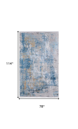 HomeRoots 3' Blue Gold and Gray Abstract Power Loom Area Rug with Fringed Edges for Modern Home Decor 7' X 10' 566024