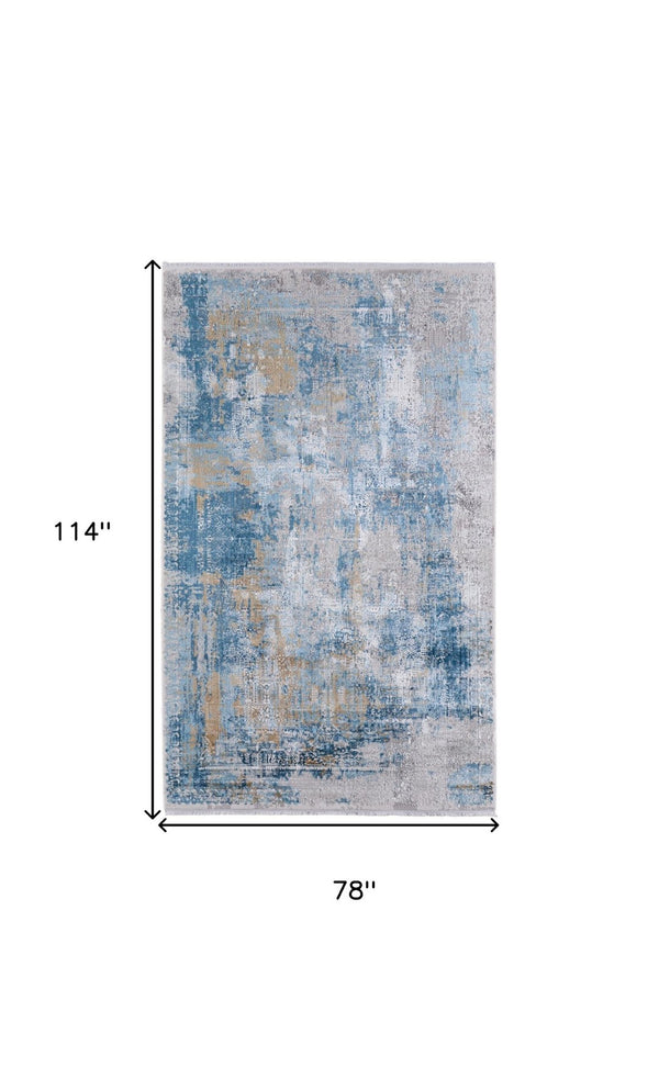 HomeRoots 3' Blue Gold and Gray Abstract Power Loom Area Rug with Fringed Edges for Modern Home Decor 7' X 10' 566024