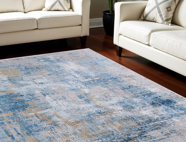 HomeRoots 3' Blue Gold and Gray Abstract Power Loom Area Rug with Fringed Edges for Modern Home Decor 8' X 11' 566025