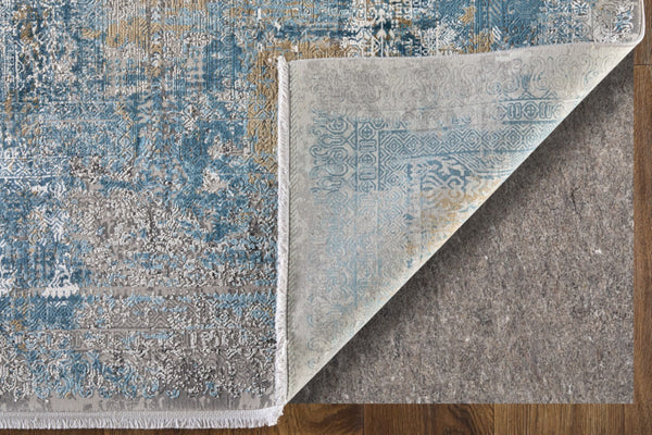 HomeRoots 3' Blue Gold and Gray Abstract Power Loom Area Rug with Fringed Edges for Modern Home Decor 10' Runner 566027