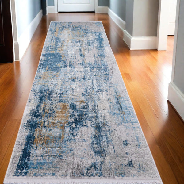 HomeRoots 3' Blue Gold and Gray Abstract Power Loom Area Rug with Fringed Edges for Modern Home Decor 10' Runner 566027