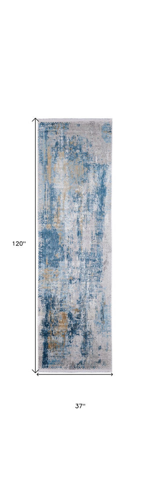 HomeRoots 3' Blue Gold and Gray Abstract Power Loom Area Rug with Fringed Edges for Modern Home Decor 10' Runner 566027