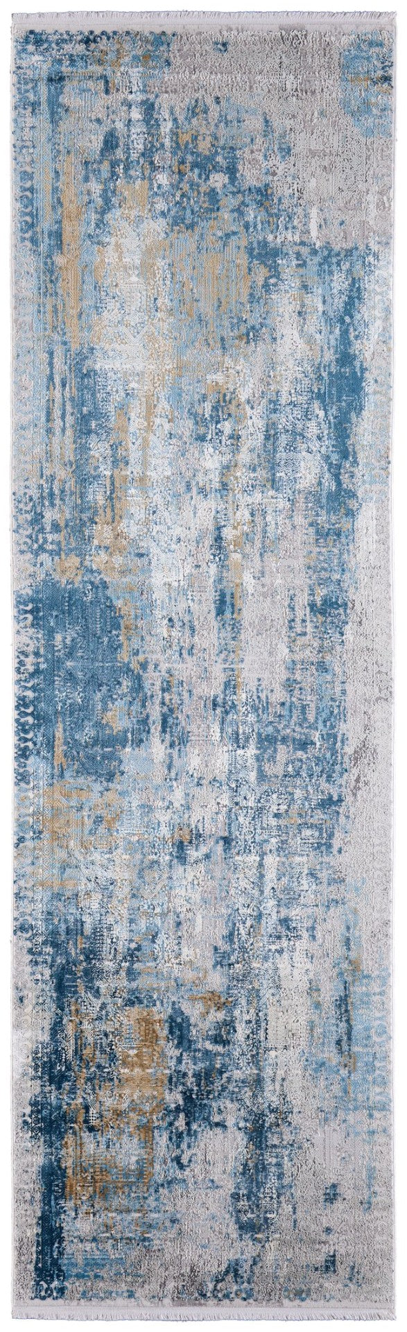 HomeRoots 3' Blue Gold and Gray Abstract Power Loom Area Rug with Fringed Edges for Modern Home Decor 10' Runner 566027