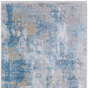 HomeRoots 3' Blue Gold and Gray Abstract Power Loom Area Rug with Fringed Edges for Modern Home Decor 12' X 18' 566028