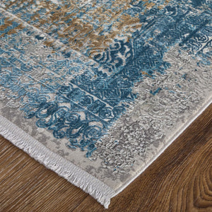 HomeRoots 3' Blue Gold and Gray Abstract Power Loom Area Rug with Fringed Edges for Modern Home Decor 13' X 20' 566029