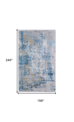 HomeRoots 3' Blue Gold and Gray Abstract Power Loom Area Rug with Fringed Edges for Modern Home Decor 13' X 20' 566029