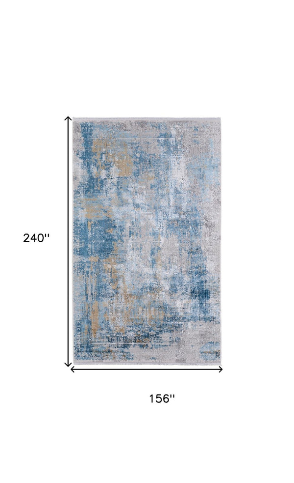 HomeRoots 3' Blue Gold and Gray Abstract Power Loom Area Rug with Fringed Edges for Modern Home Decor 13' X 20' 566029