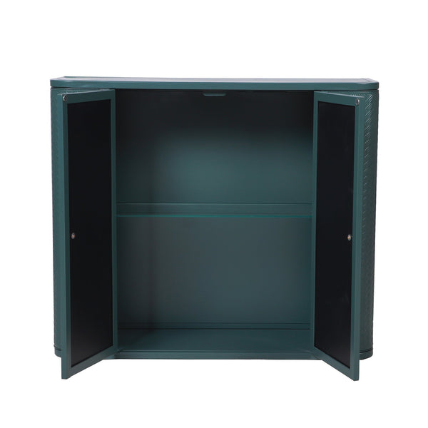 English Elm Army Green Bathroom Storage Cabinet With Mirror, 2 Doors & Open Shelf For Stylish Organization W3122P272875