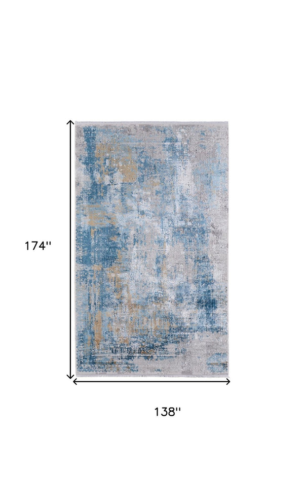 HomeRoots 3' Blue Gold and Gray Abstract Power Loom Area Rug with Fringed Edges for Modern Home Decor 12' X 15' 566030