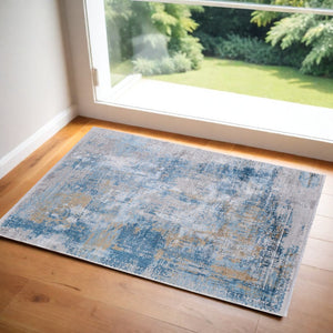 HomeRoots 3' Blue Gold and Gray Abstract Power Loom Area Rug with Fringed Edges for Modern Home Decor 2' X 3' 566031