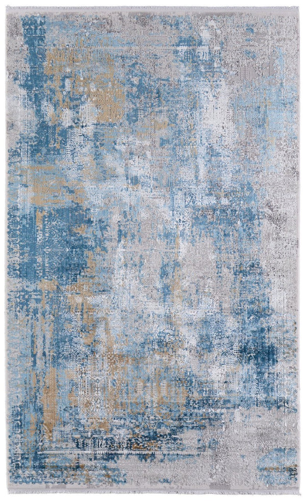 HomeRoots 3' Blue Gold and Gray Abstract Power Loom Area Rug with Fringed Edges for Modern Home Decor 2' X 3' 566031