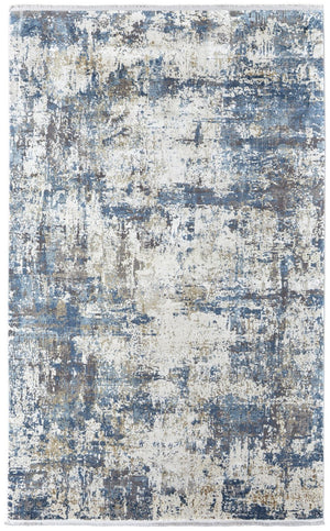 HomeRoots 3' Elevate Your Space with a Stylish Ivory Tan and Blue Abstract Power Loom Area Rug with Fringe 5' X 8' 566033