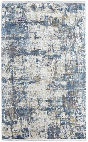 HomeRoots 3' Elevate Your Space with a Stylish Ivory Tan and Blue Abstract Power Loom Area Rug with Fringe 7' X 10' 566034