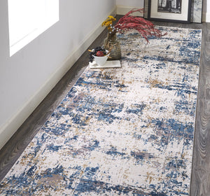HomeRoots 3' Elevate Your Space with a Stylish Ivory Tan and Blue Abstract Power Loom Area Rug with Fringe 10' Runner 566037