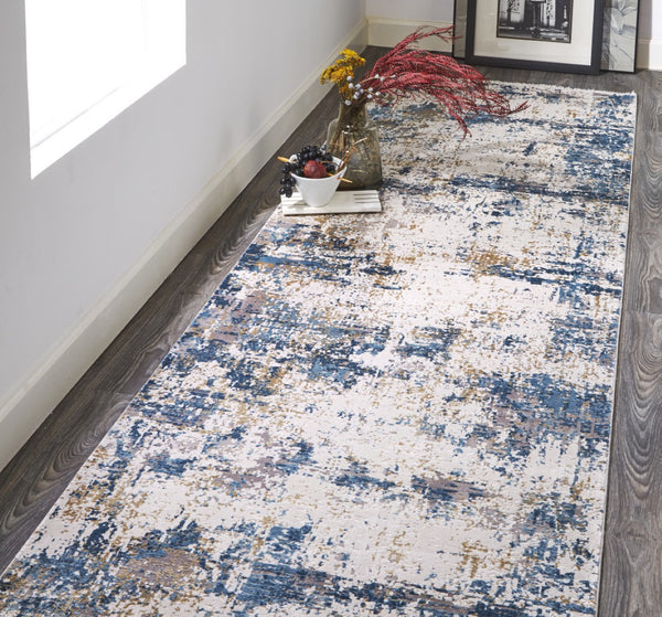HomeRoots 3' Elevate Your Space with a Stylish Ivory Tan and Blue Abstract Power Loom Area Rug with Fringe 10' Runner 566037