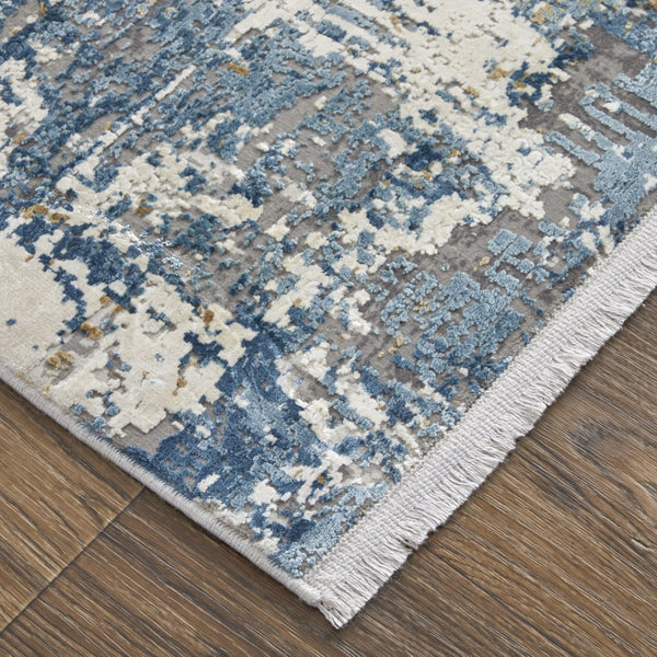 HomeRoots 3' Elevate Your Space with a Stylish Ivory Tan and Blue Abstract Power Loom Area Rug with Fringe 10' Runner 566037