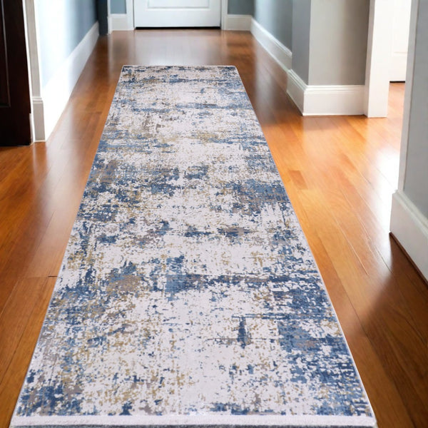 HomeRoots 3' Elevate Your Space with a Stylish Ivory Tan and Blue Abstract Power Loom Area Rug with Fringe 10' Runner 566037