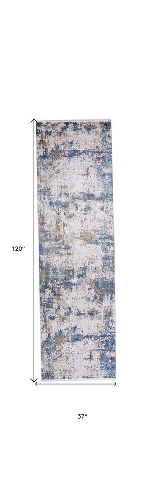 HomeRoots 3' Elevate Your Space with a Stylish Ivory Tan and Blue Abstract Power Loom Area Rug with Fringe 10' Runner 566037
