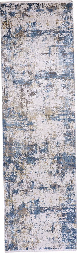 HomeRoots 3' Elevate Your Space with a Stylish Ivory Tan and Blue Abstract Power Loom Area Rug with Fringe 10' Runner 566037