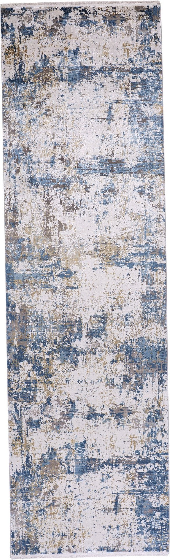 HomeRoots 3' Elevate Your Space with a Stylish Ivory Tan and Blue Abstract Power Loom Area Rug with Fringe 10' Runner 566037