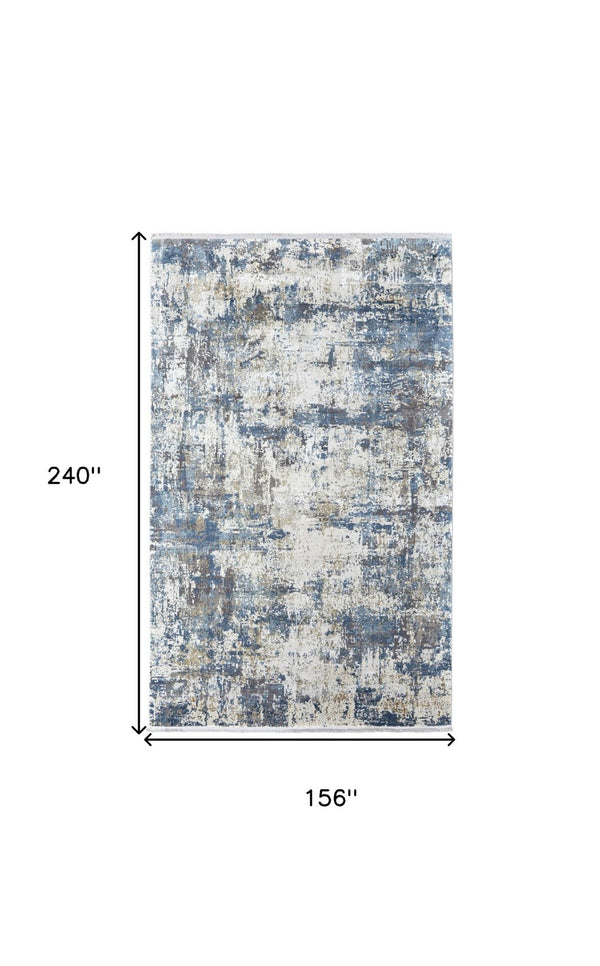HomeRoots 3' Elevate Your Space with a Stylish Ivory Tan and Blue Abstract Power Loom Area Rug with Fringe 13' X 20' 566039