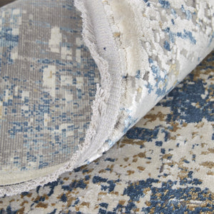 HomeRoots 3' Elevate Your Space with a Stylish Ivory Tan and Blue Abstract Power Loom Area Rug with Fringe 12' X 15' 566040
