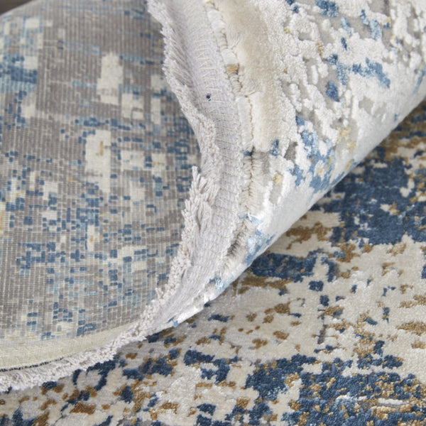 HomeRoots 3' Elevate Your Space with a Stylish Ivory Tan and Blue Abstract Power Loom Area Rug with Fringe 12' X 15' 566040