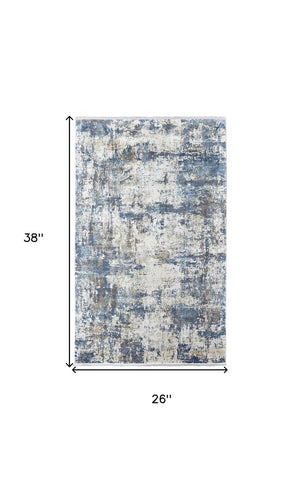 HomeRoots 3' Elevate Your Space with a Stylish Ivory Tan and Blue Abstract Power Loom Area Rug with Fringe 2' X 3' 566041