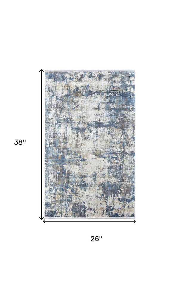 HomeRoots 3' Elevate Your Space with a Stylish Ivory Tan and Blue Abstract Power Loom Area Rug with Fringe 2' X 3' 566041