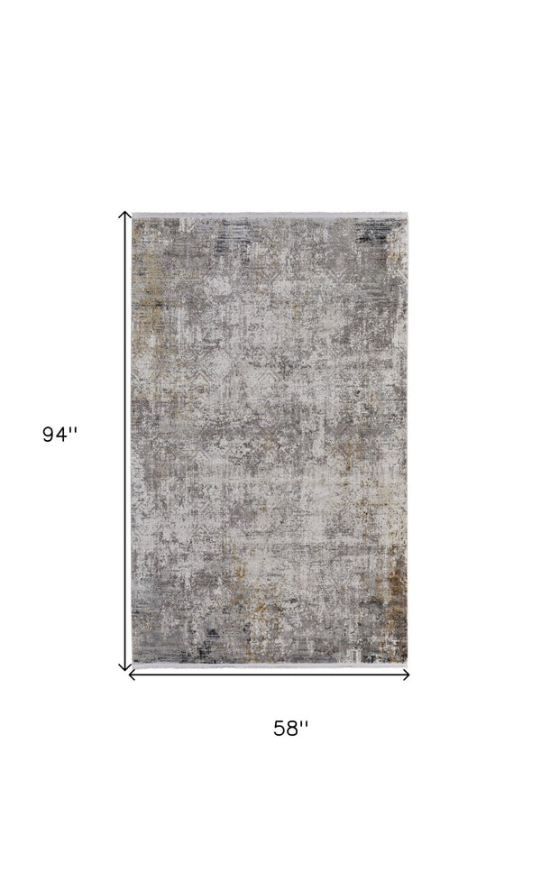 HomeRoots 3' Ivory Taupe and Gray Abstract Power Loom Distressed Area Rug with Tasseled Fringe Elegance 5' X 8' 566043