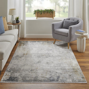 HomeRoots 3' Ivory Taupe and Gray Abstract Power Loom Distressed Area Rug with Tasseled Fringe Elegance 7' X 10' 566044