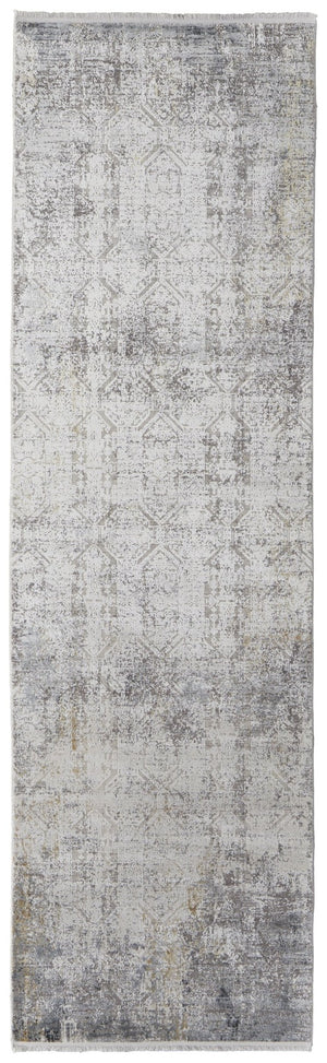 HomeRoots 3' Ivory Taupe and Gray Abstract Power Loom Distressed Area Rug with Tasseled Fringe Elegance 10' Runner 566047