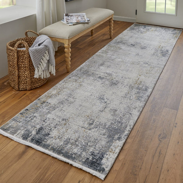 HomeRoots 3' Ivory Taupe and Gray Abstract Power Loom Distressed Area Rug with Tasseled Fringe Elegance 10' Runner 566047
