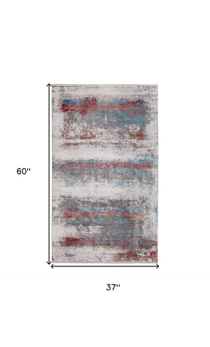 HomeRoots 3' Modern Abstract Area Rug in Gray, Blue, and Red with Fringed Edges for Cozy Home Decor 3' X 5' 566052