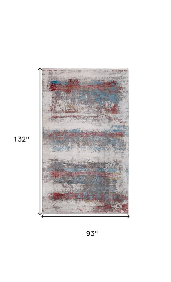 HomeRoots 3' Modern Abstract Area Rug in Gray, Blue, and Red with Fringed Edges for Cozy Home Decor 8' X 11' 566055