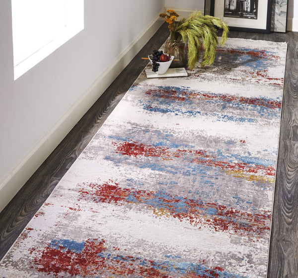 HomeRoots 3' Modern Abstract Area Rug in Gray, Blue, and Red with Fringed Edges for Cozy Home Decor 10' Runner 566057