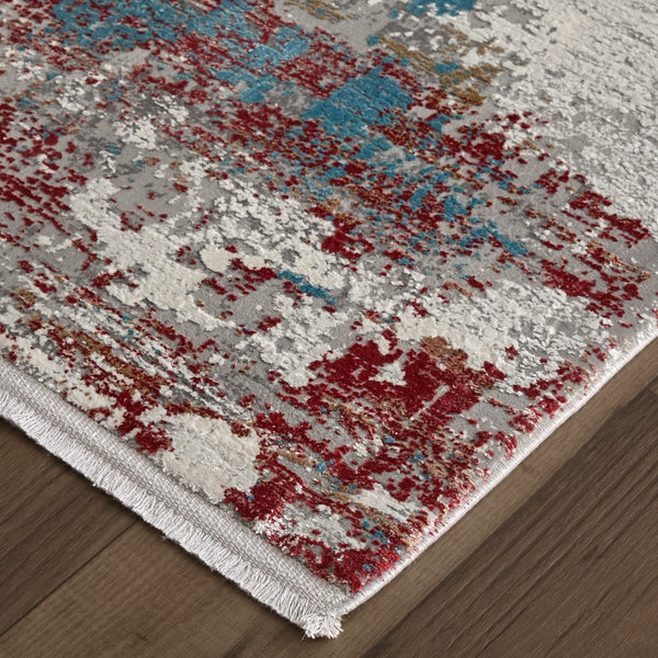 HomeRoots 3' Modern Abstract Area Rug in Gray, Blue, and Red with Fringed Edges for Cozy Home Decor 10' Runner 566057