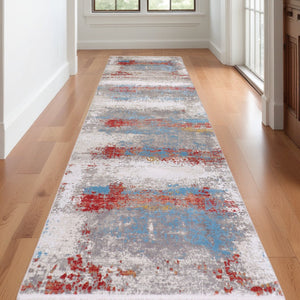 HomeRoots 3' Modern Abstract Area Rug in Gray, Blue, and Red with Fringed Edges for Cozy Home Decor 10' Runner 566057