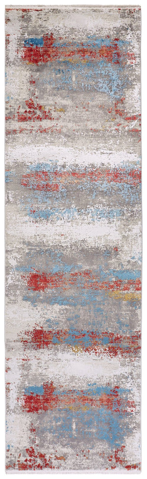 HomeRoots 3' Modern Abstract Area Rug in Gray, Blue, and Red with Fringed Edges for Cozy Home Decor 10' Runner 566057