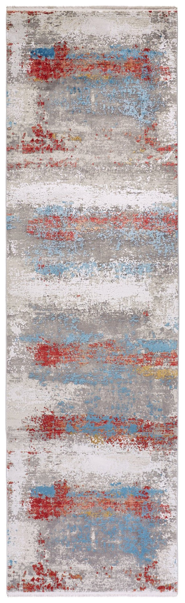HomeRoots 3' Modern Abstract Area Rug in Gray, Blue, and Red with Fringed Edges for Cozy Home Decor 10' Runner 566057
