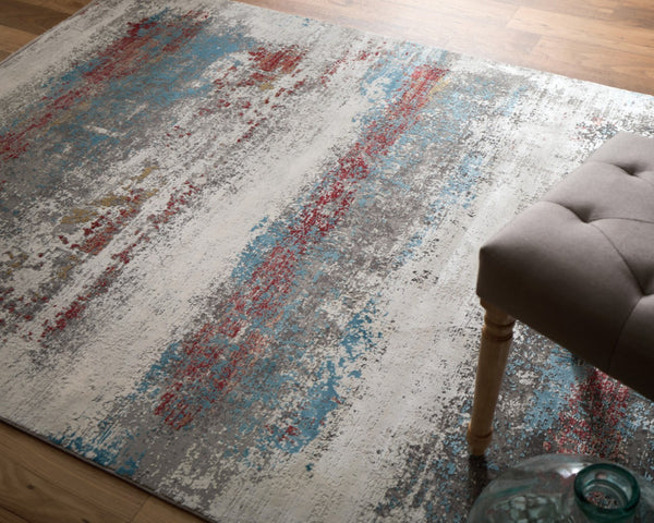HomeRoots 3' Modern Abstract Area Rug in Gray, Blue, and Red with Fringed Edges for Cozy Home Decor 2' X 3' 566061