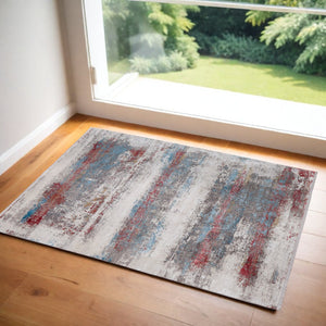 HomeRoots 3' Modern Abstract Area Rug in Gray, Blue, and Red with Fringed Edges for Cozy Home Decor 2' X 3' 566061