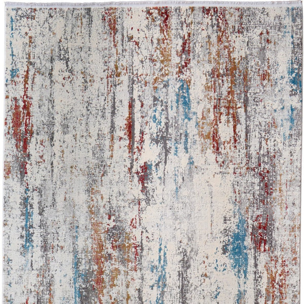HomeRoots 3' Gray Blue and Red Abstract Power Loom Area Rug with Tassels - Elevate Your Space Instantly! 3' X 5' 566062
