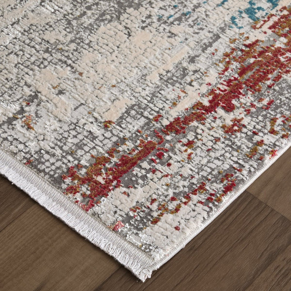 HomeRoots 3' Gray Blue and Red Abstract Power Loom Area Rug with Tassels - Elevate Your Space Instantly! 10' Runner 566067