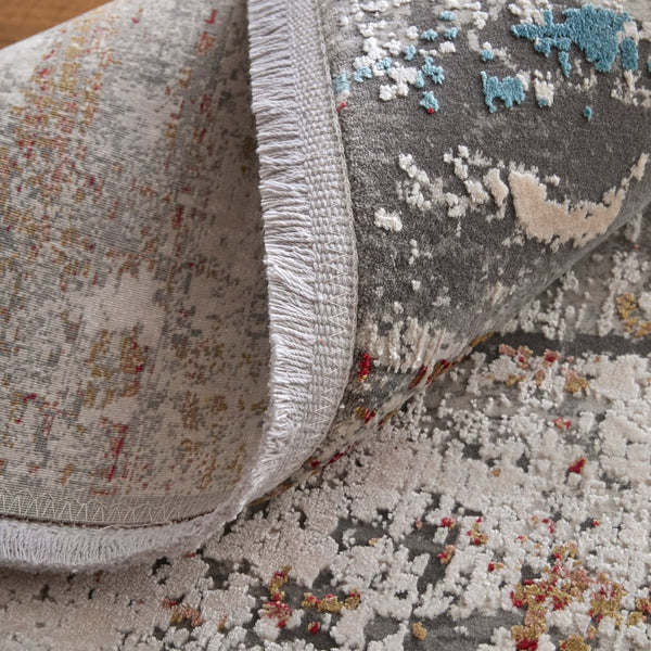 HomeRoots 3' Gray Blue and Red Abstract Power Loom Area Rug with Tassels - Elevate Your Space Instantly! 10' Runner 566067