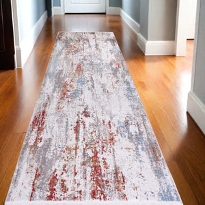 HomeRoots 3' Gray Blue and Red Abstract Power Loom Area Rug with Tassels - Elevate Your Space Instantly! 10' Runner 566067